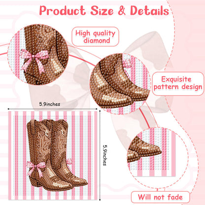 SHADOAMP Western Cowgirl Diamond Art Kit Set of 4 - DIY Rhinestone Canvas Craft Featuring Pink Bows, Hats & Boots Designs, Creative Diamond Art Kits for Home Decor and Family Craft Projects