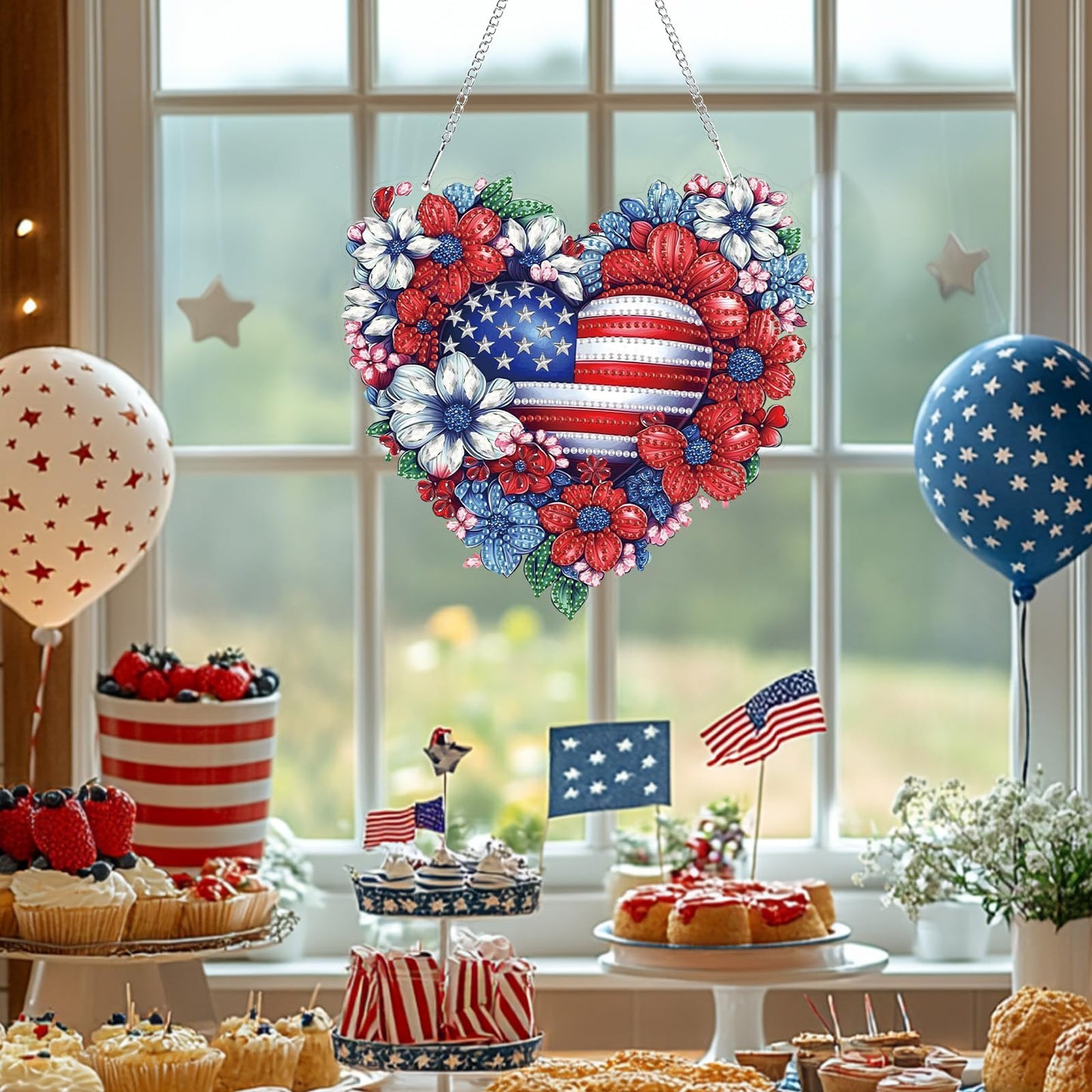 Bowetile 5D Patriotic Diamond Art Hanging Kits for Adults, Diamond Painting Heart Shape Flowers Pendant Kits, Special Shape USA Flag Gem Art Suncatcher Ornament for Home Window Wall Decor
