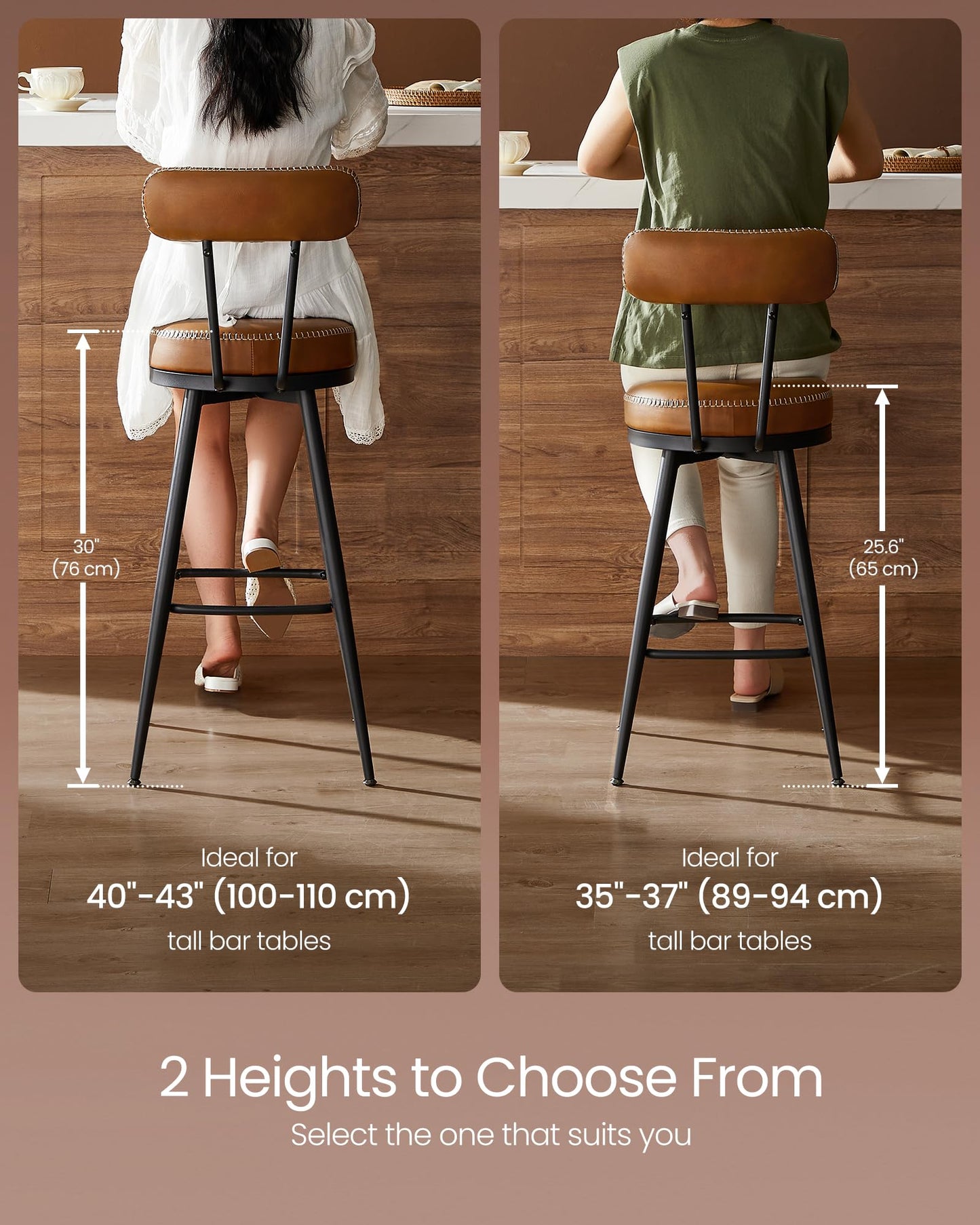 VASAGLE EKHO Collection - Bar Stools Set of 4, Swivel Bar Height Bar Stools with Back, Synthetic Leather with Stitching, Mid-Century Modern, 30-Inch Tall Barstools for Kitchen Home Bar, Caramel Brown