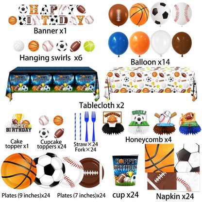 198Pcs Sports Birthday Decorations-Basketball Baseball Soccer Football Plates and Napkins Set Serves 24,Sports Theme Party Supplies