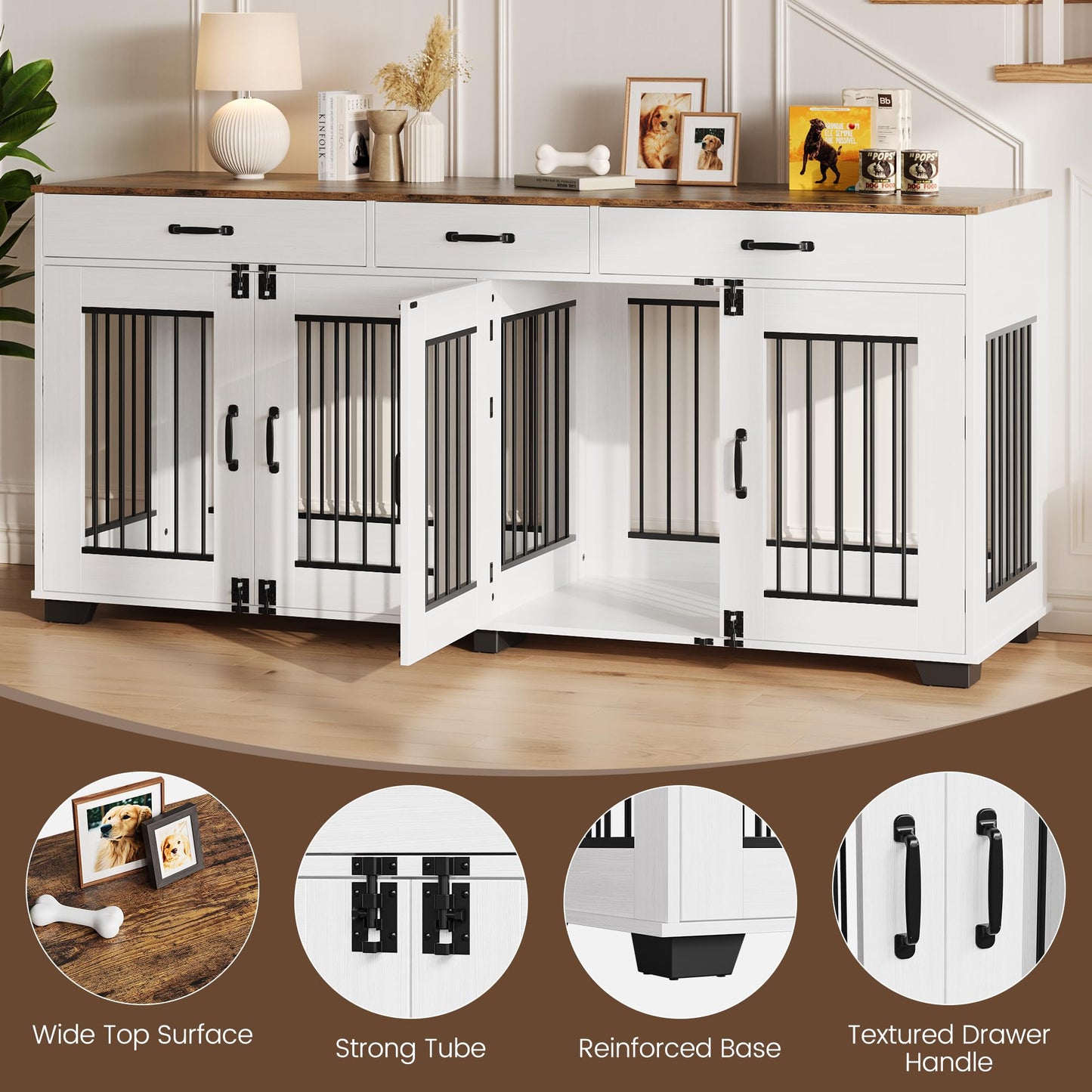 Garvee 71 in Large Dog Crate Furniture for 2 Dogs with 3 Drawers, Heavy Duty Double Indoor Dog Kennel and TV Stand for Medium Large Dogs, Brown & White