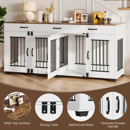 Garvee 71 in Large Dog Crate Furniture for 2 Dogs with 3 Drawers, Heavy Duty Double Indoor Dog Kennel and TV Stand for Medium Large Dogs, Brown & White