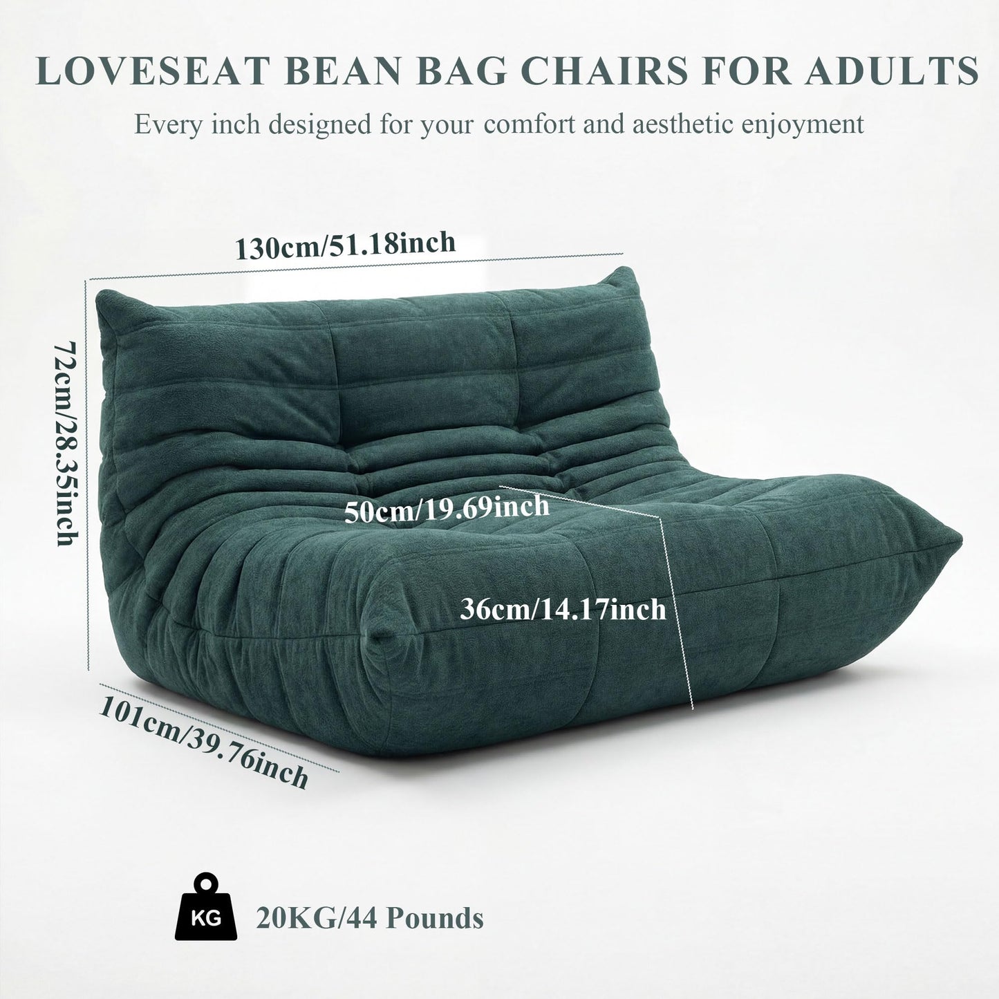 Bean Bag Loveseat for Adults, 51.18" Double Floor Lounge Sofa with Reinforced Armrests, 30D High-Density Foam Support, Premium 450G Velvet Soft Seating for Living Room & Bedroom, Dark Green