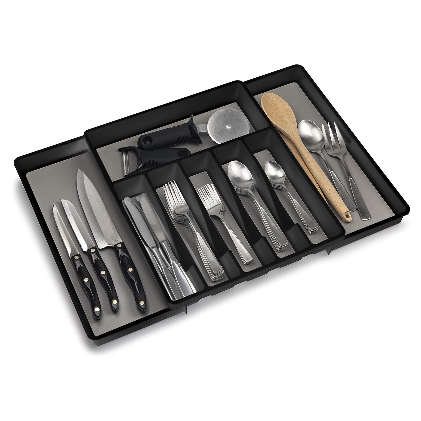 ELTOW Large Expandable Silverware Drawer Organizer, 8 Compartment Non-Slip & Adjustable Silverware Organizer for Drawer, Kitchen Organization for Utensils, Cutlery, Silverware Tray (Black)