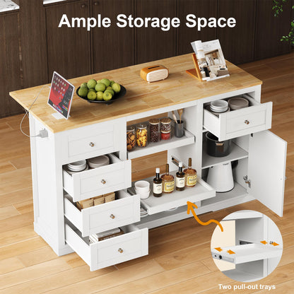 RoyalCraft 59'' Kitchen Island with Storage and Drop Leaf, Kitchen Island Table, Coffee Station Cabinet with Solid Rubber Wood Top, Pull-Out Trays, Drawers, Adjustable Shelves, Power Outlet, White