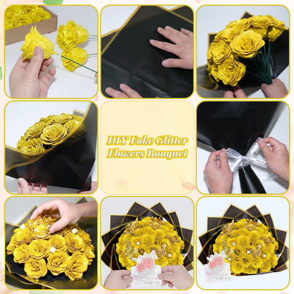 Yellow Glitter Roses Bouquet, 24 Pcs Shiny Glitter Flowers Bouquet, Everlasting Artificial Roses Bouquet for Mothers Day, Birthday, Anniversary, Wedding, Engagement, Christmas