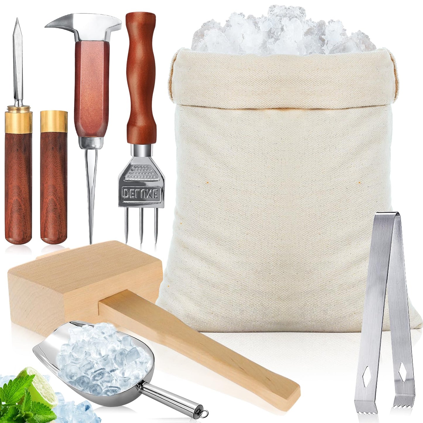 Ice Pick Set of 7 - Stainless Steel Ice Chipper Tea Knife with Wooden Handle, Crushed Ice Lewis Bag and Wood Hammer for Breaking Ice Carving Kitchen Tool Bartender Bars Picnics Camping Restaurant