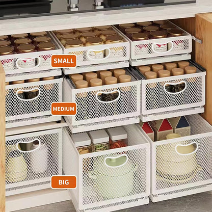 Sliding Cabinet Basket Organizer, Heavy Duty Carbon Steel Self Adhesive Slide Out Pantry Shelves for Kitchen