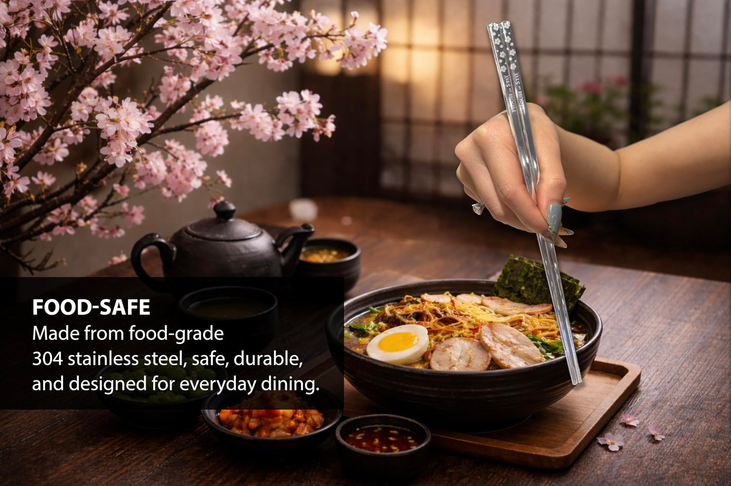 Stainless Steel Chopsticks – 5 Pairs 304 Food-Grade Metal, Reusable Dishwasher Safe, Non-Slip Laser Engraved, Japanese Korean Style Gift Set