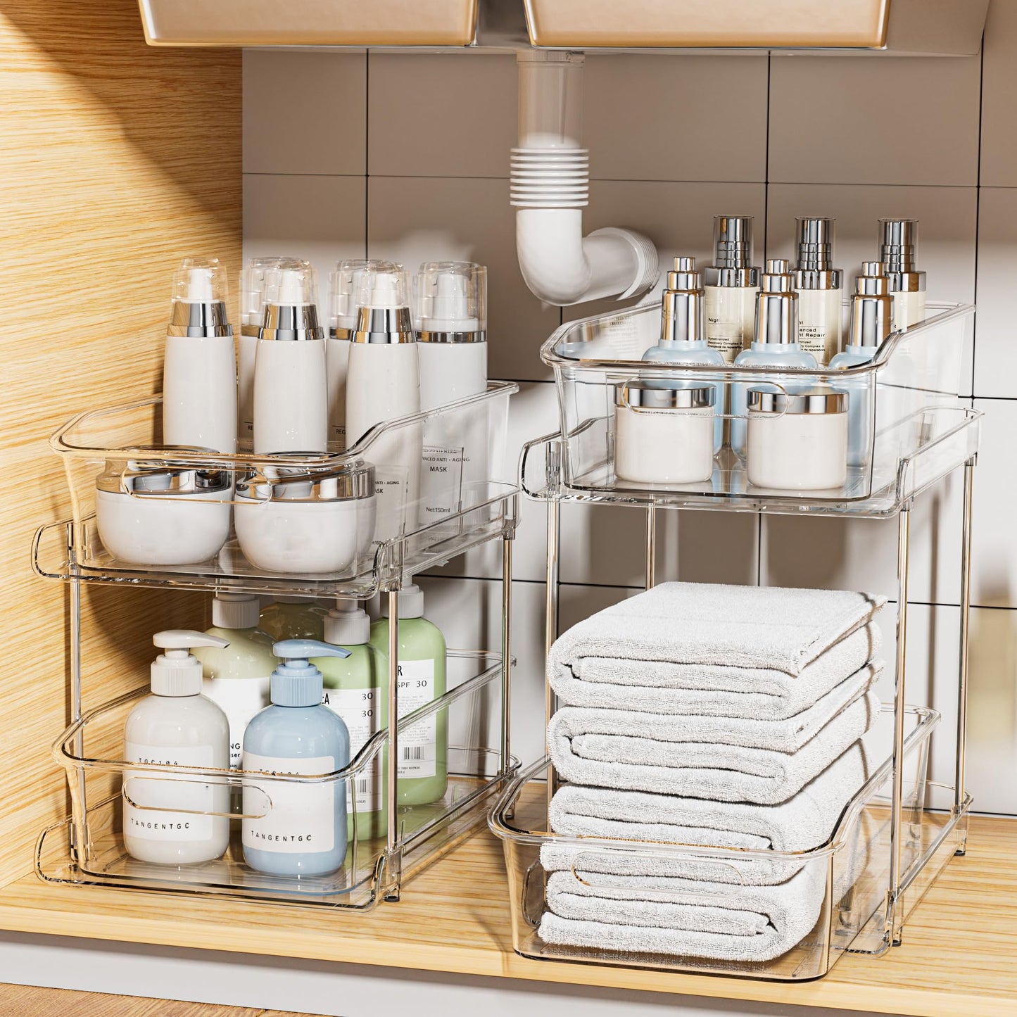 Delamu 2-Tier Under Sink Organizers and Storage, Multi-Purpose Stackable Bathroom Cabinet organizers, Pull Out Kitchen Pantry Organization and Storage with Dividers(2 Pack, Clear)
