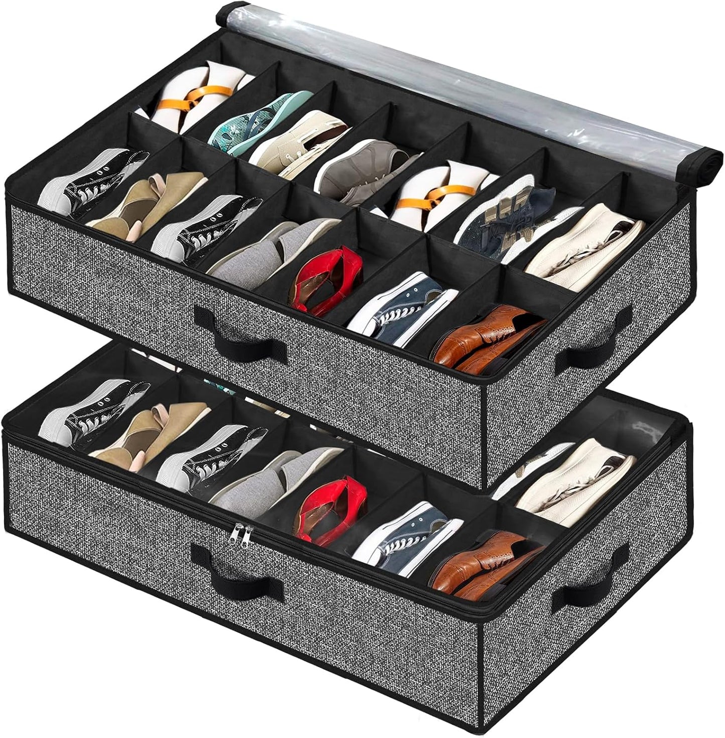 Under Bed Shoe Storage Organizer, 2 Pack for 28 Pairs, Clear Window, Foldable Shoe Rack Holder, Black