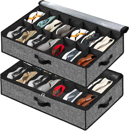 Under Bed Shoe Storage Organizer, 2 Pack for 28 Pairs, Clear Window, Foldable Shoe Rack Holder, Black