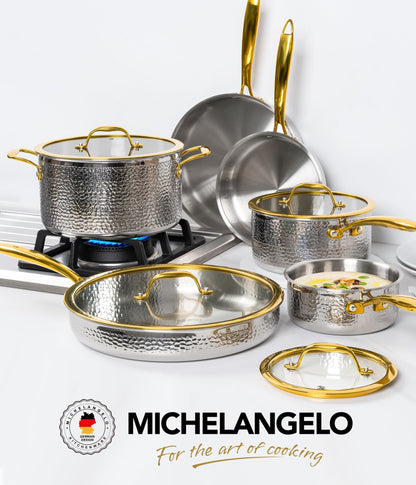 Michelangelo Triply Stainless Steel Pots and Pans Set, 10-Piece Hammered Stainless Steel Cookware Set with Golden Handle, Premium Induction Kitchen Cookware, Oven Safe