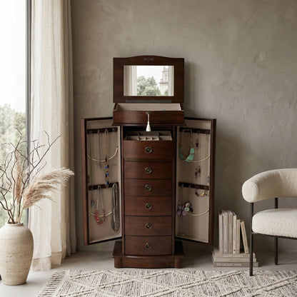 Hives and Honey Nora Jewelry Armoire Cabinet with Mirror – 7 Drawers, Locking Top, Necklace Hooks, Anti-Tarnish Felt – Traditional Standing Jewelry Organizer for Women, Walnut