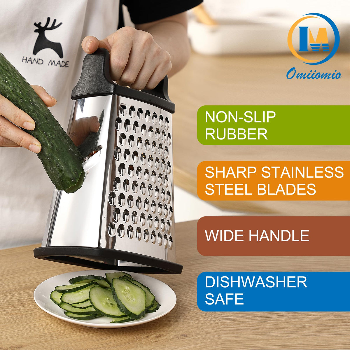 OIM Omiiomio Professional Cheese Grater - Stainless Steel, XL Size, 4 Sides - Perfect Box Grater for Parmesan Cheese, Vegetables, Ginger - Dishwasher Safe - Black