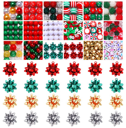 NVENF 600PCS+ Christmas Beads Charms for Jewelry Making, Metallic Christmas Bow Charms, Red Green Clay Beads, Assorted Rhinestone CCB Beads Gold Spacer Beads for DIY Bracelet Necklace Crafts