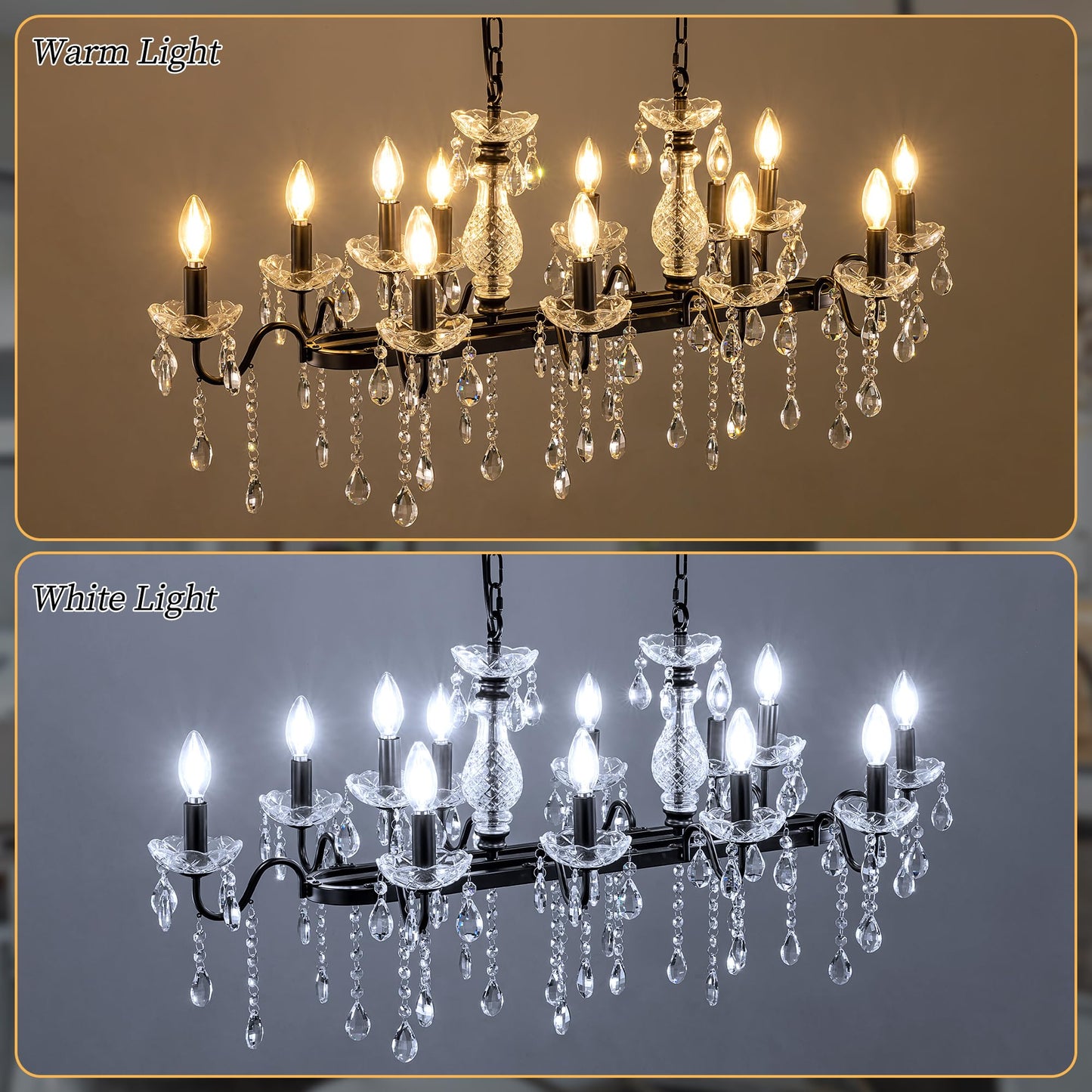 TOCHIC Modern Farmhouse Chandelier for Dining Room, 42" Black Crystal Chandeliers Kitchen Island Lighting Ceiling Pendant Light Fixture for Living Room Bedroom Kitchen Hallway Bar, 12 Lights