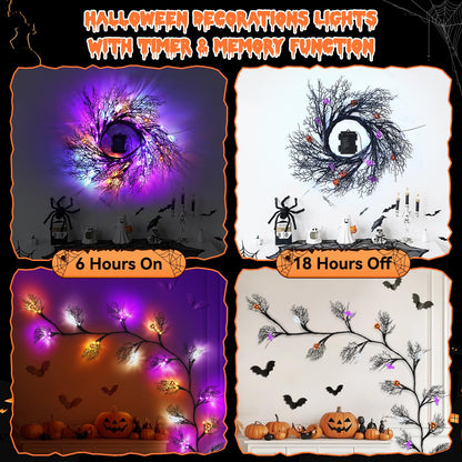 6 FT 54 LED Halloween Lights, 8 Modes & Timer Battery Operated Halloween Pumpkins Bats Ghosts Lights with Willow Vine Twig, 3D Waterproof Decorations Lights for Indoor Wall Party Fireplace Mantle