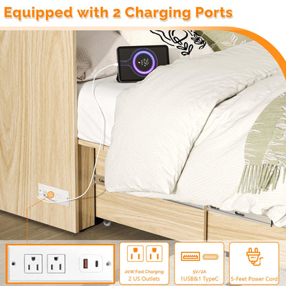 VINGLI Queen Size Rattan Murphy Bed with Storage Drawer,2 Charging Station, Boho,Hideaway Paltform Panel Bed for Small Spaces,Guest Room,Office,Apartment, Space-Saving Cabinet Bed,Oak White