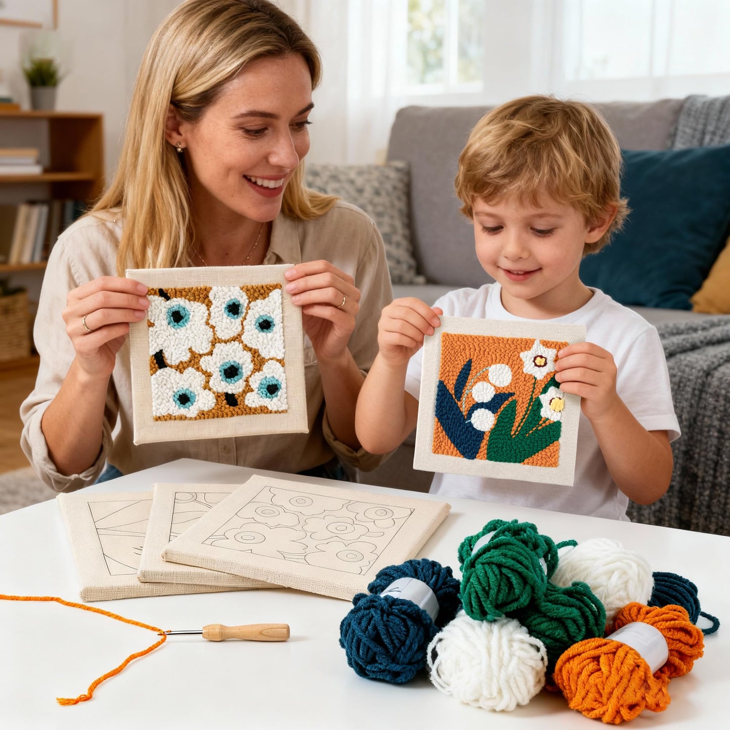 WATINC Punch Needle Kit with Frame for Beginners - 8Pcs Floral Easy Art Work Decor Craft Supply for Beginners, DIY Set of 3Flower Pattern Tufted Rug Pads with Adhesive Felt Yarns Embroidery, Tools Instruction for Adult Christmas Birthday Gift Supplies