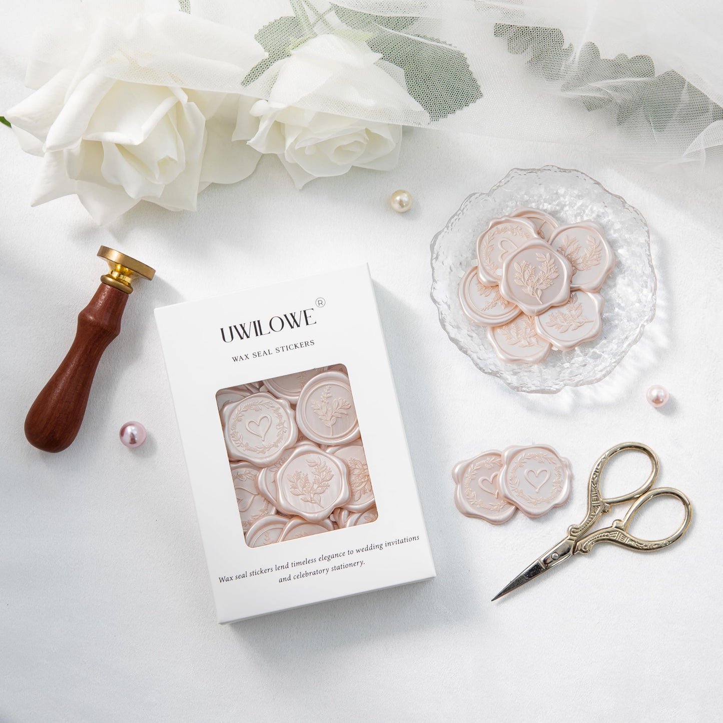 Uwilowe 60 Pcs Champagne & Pink Wax Seal Stickers Self-Adhesive Envelope Seals Stamp Stickers, Perfect for Wedding Invitations Seating Chart Christmas Gift Wrapping 3 Designs in 1 Pack