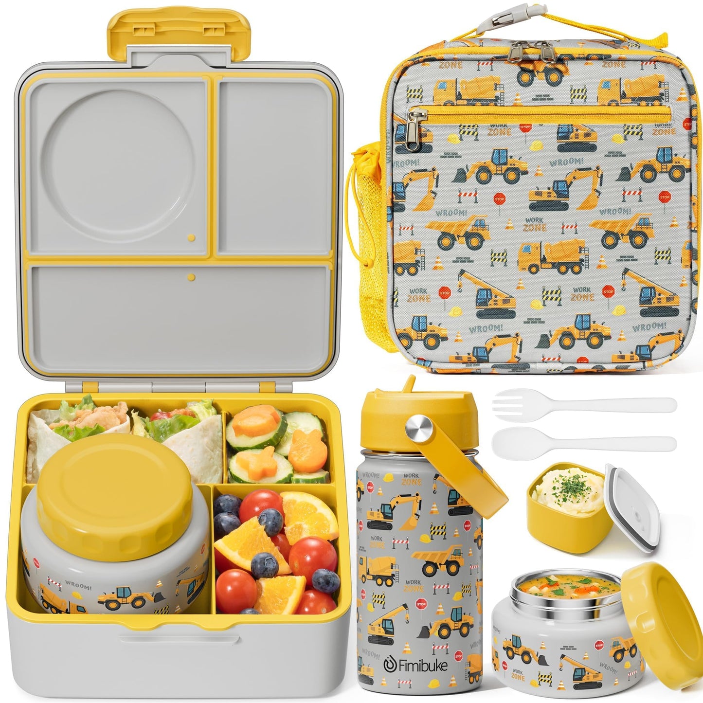 Fimibuke Bento Box for Kids Adult - Leakproof 3-4 Compartments Lunch Bento Box Set with Insulated Food Jar, Water Bottle, Lunch Bag, Sauce Cup & Cutlery for Toddler Teen Shcool Girl Boy Age 3+