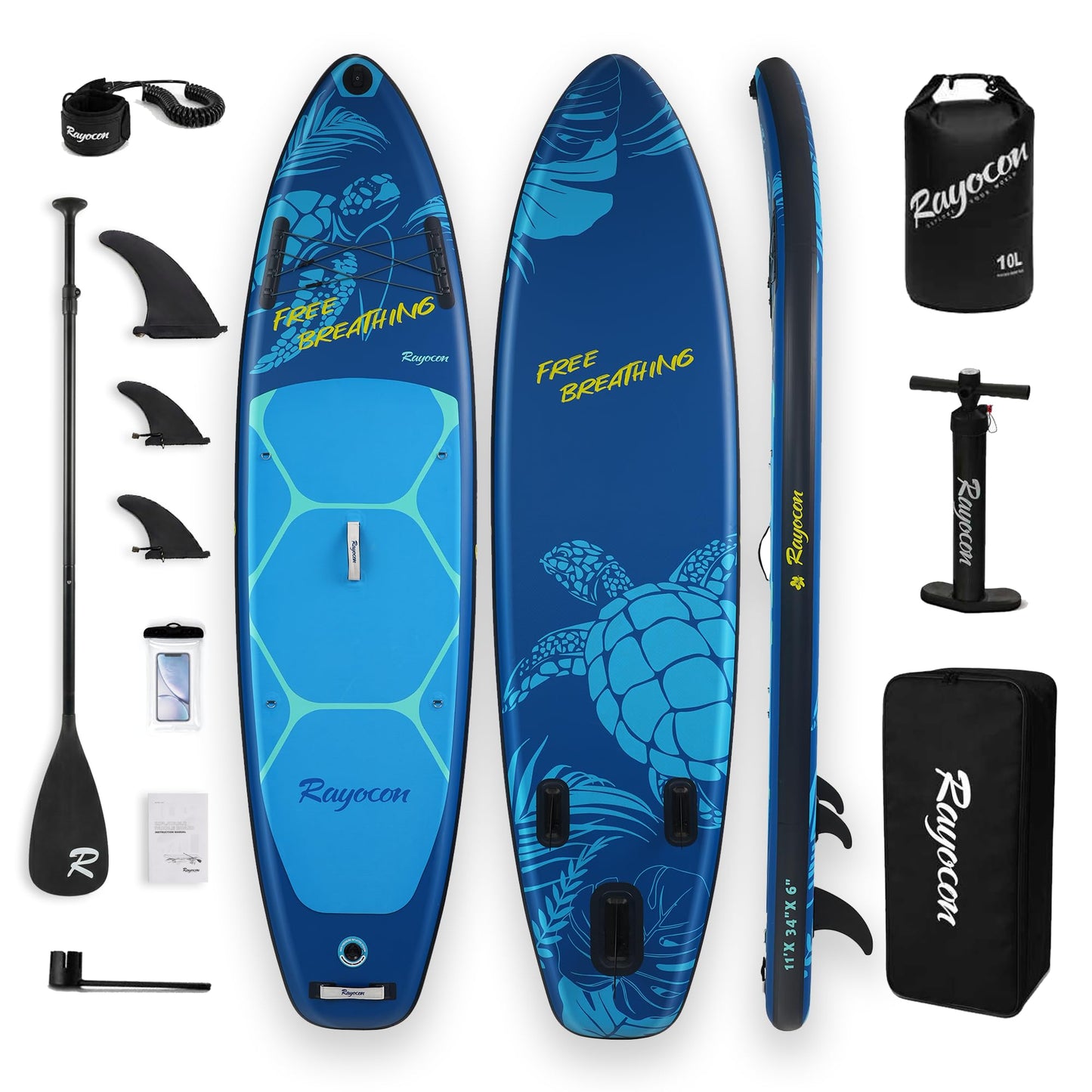 Inflatable Stand Up Paddle Board 11'×34" Extra Wide SUP, Ultra-Stable for Adults & Dog, 450lbs, Dual Chamber Pump, Fiberglass Paddle, Military Grade Dual Layer, Sea Turtle Guardian Design Deep Blue