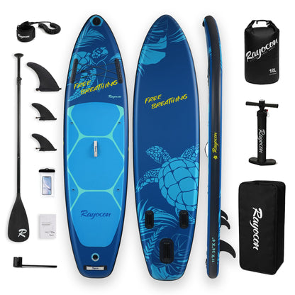 Inflatable Stand Up Paddle Board 11'×34" Extra Wide SUP, Ultra-Stable for Adults & Dog, 450lbs, Dual Chamber Pump, Fiberglass Paddle, Military Grade Dual Layer, Sea Turtle Guardian Design Deep Blue