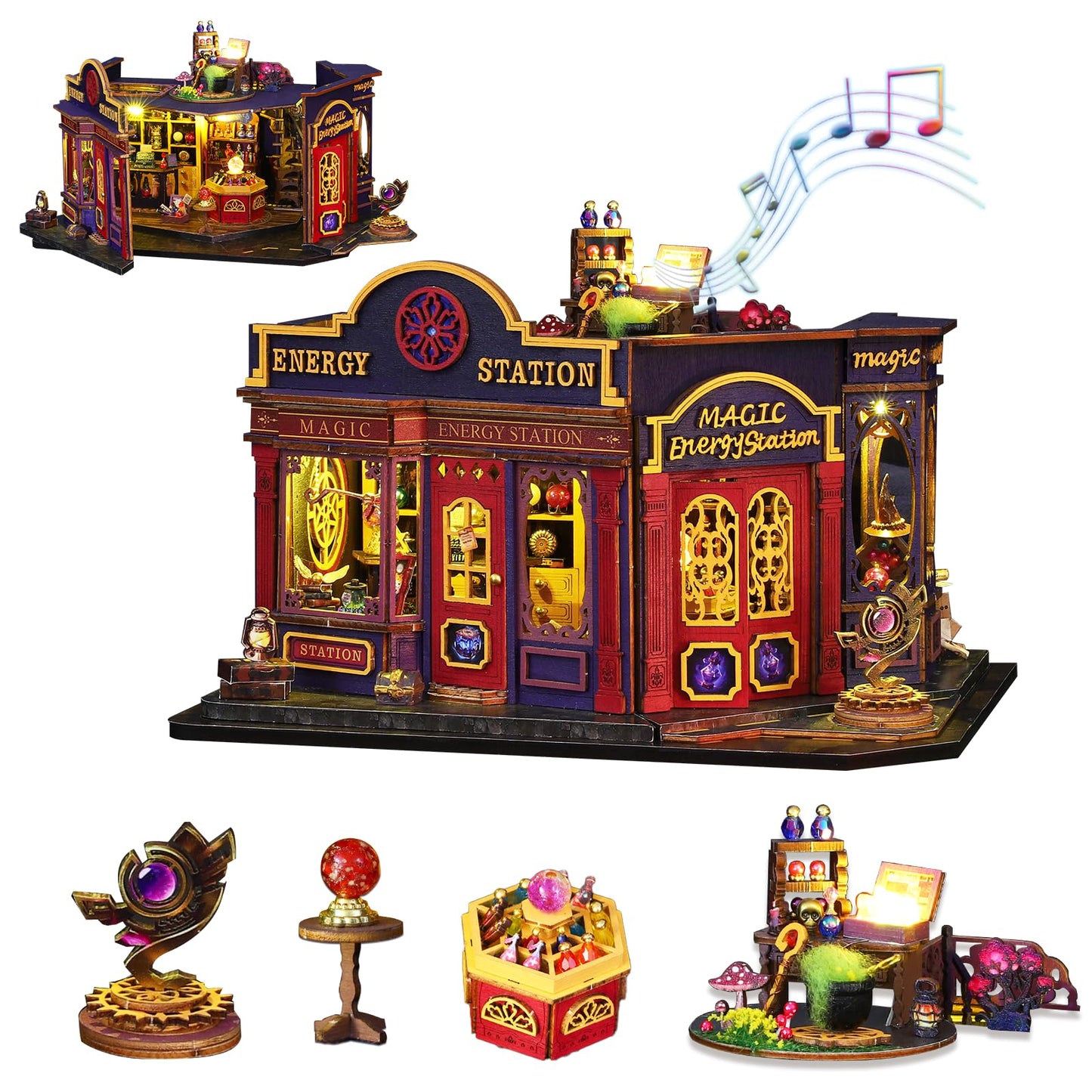 Plustopoy DIY Miniature House Kit: 3D Wooden Puzzle Miniature Kit with LED Light, Magic Station Tiny Model Mini House Building Kit for Adults Teens, Creative Gift Book Nook DIY Adults Craft Kits