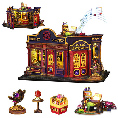 Plustopoy DIY Miniature House Kit: 3D Wooden Puzzle Miniature Kit with LED Light, Magic Station Tiny Model Mini House Building Kit for Adults Teens, Creative Gift Book Nook DIY Adults Craft Kits
