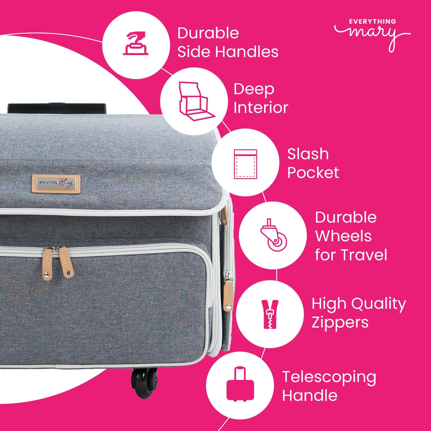 Everything Mary XL Rolling Sewing Machine Case – Heather Grey Craft Bag with 4 Wheels – Collapsible Organizer Compatible with Brother, Singer & Most Sewing Machines