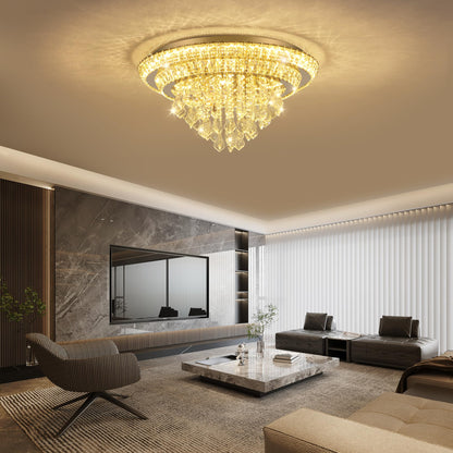 Kuailkag Crystal LED Ceiling Light 24" Modern Flush Mount Chandelier,K9 Crystal Raindrop,Elegant Lighting Fixture with Remote/APP,3CCT,Dimmable Living Room Chandeliers Lights-Golden