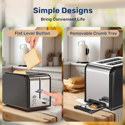 YSSOA 2-Slice Toaster, Retro Stainless-Steel Style with 6 Browning Settings, Extra Wide Slot & Removable Crumb Tray