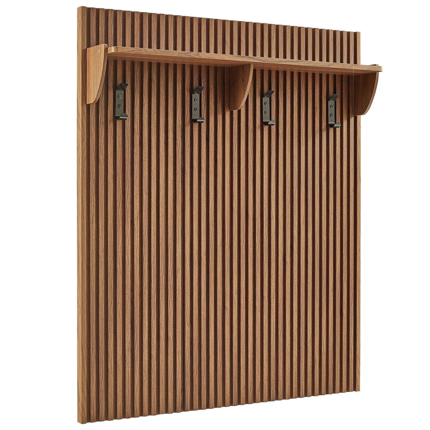Modway Soma 3-in-1 Hall Tree in Walnut with Rattan Storage Bench and Fluted Coat Rack – 2-Piece Entryway Storage Set with Hooks, Shelf, and Bench