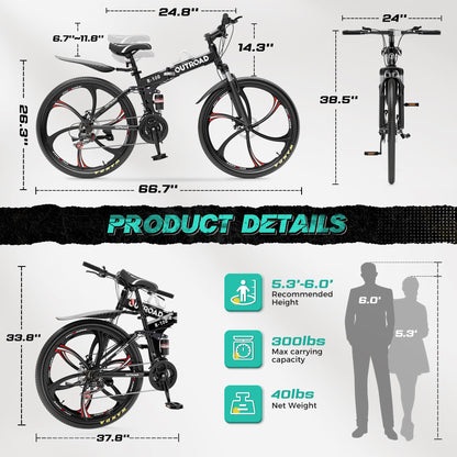 MarKnig 26 Inch Adult Folding Bikes/Mountain Bikes, 21 Speeds Mountain Bicycles with Full Suspension, Dual Disc Brake, High Carbon Steel Frame, Foldable Bike for Men/Women/Teen, LH-Black