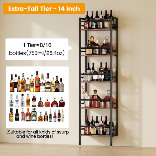 Homeiju 5-Tier Freestanding Wine Rack, 60 Bottles Wine Racks for Wall Mounted, Wines Bottle Holder Display Shelf with Fences, Liquor Storage for Kitchen, Dining Room, Bar (Rustic Brown)