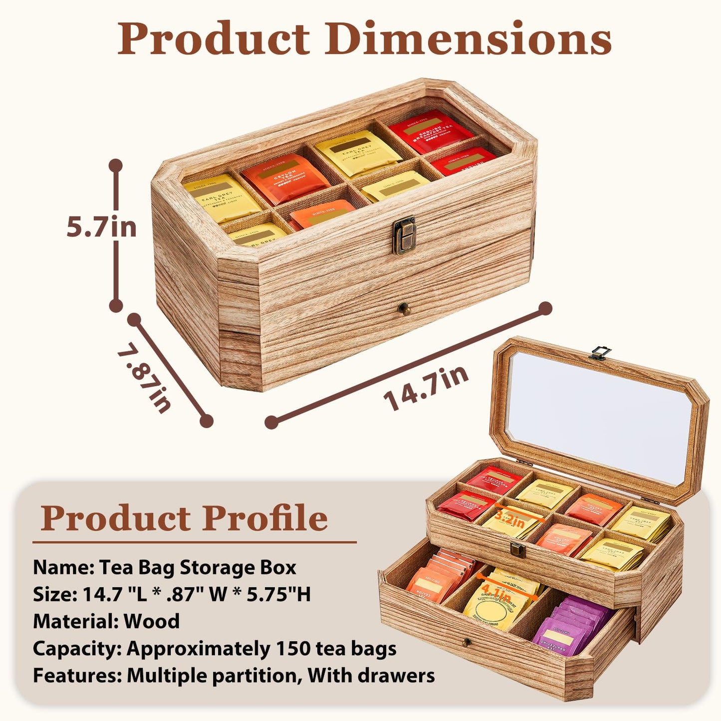 YIYYZI Tea Bag Organizer, Solid Wood 2 Layer Tea Box Organizer Storage, Christmas Gift Tea Bag Holder with Drawer Acrylic Window, Tea Organizer Caddy