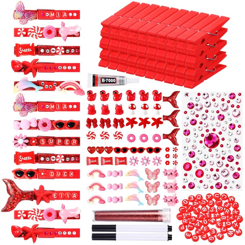 Youyole 50 Sets Cheer Pins Spirit Clips Include Wooden Clothes Pins Mini Resin Animals Bows Beads Letters Self Adhesive Stickers Pen for Cheerleaders Backpacks Christmas Gifts DIY Craft (Red)