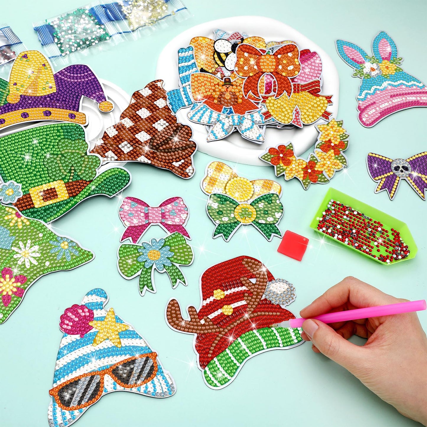 DoubleFill 42 Pcs Summer Diamond Kits 4th of July Interchangeable Wooden Table Decorations DIY Summer Holiday Party Seasonal Tiered Tray Art Decor Diamond Painting Magnets(Highland Cow)