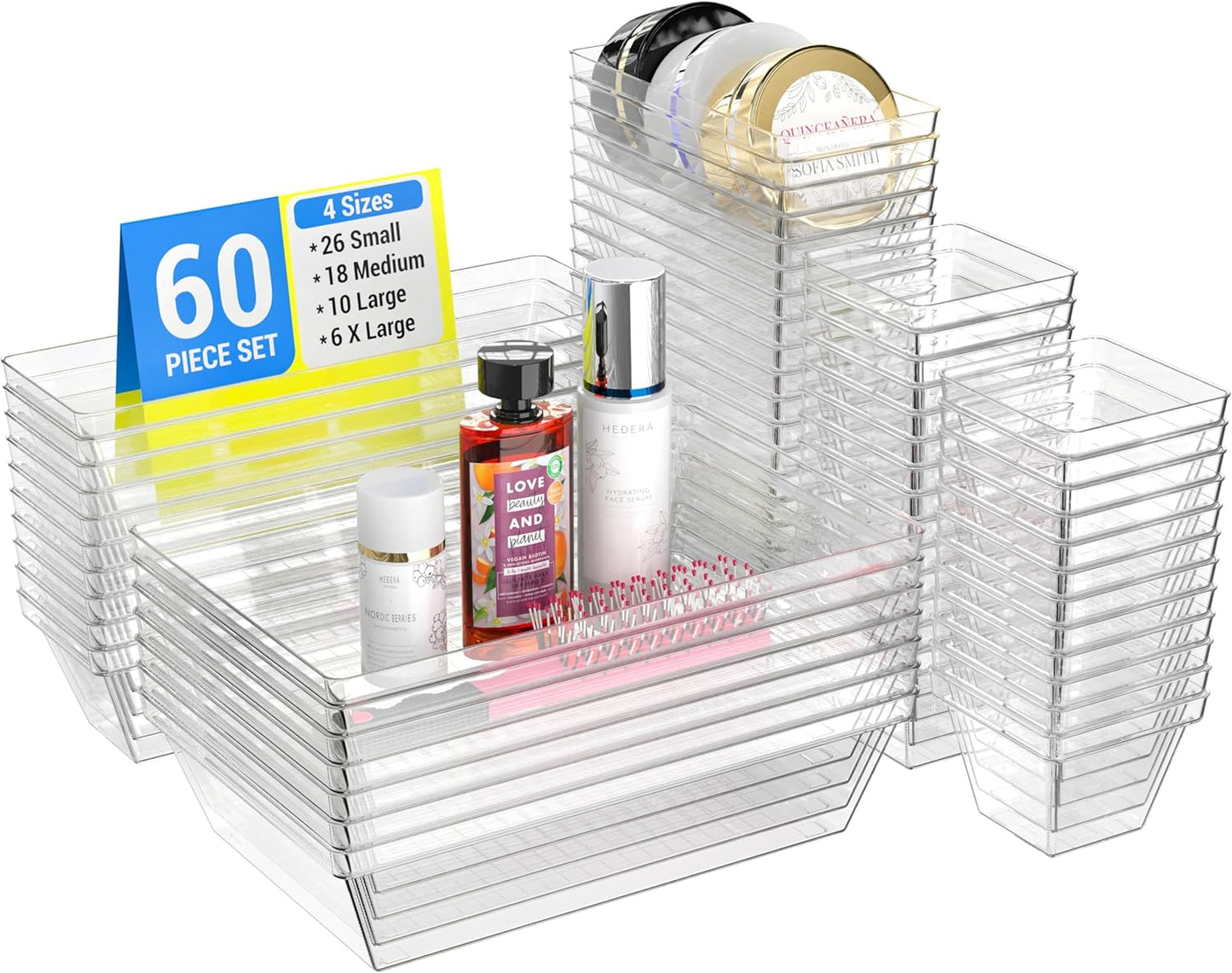 YAN & HIN Set of 60 Stackable Non-Slip Acrylic Organizers, 4 Sizes for Makeup, Kitchen Drawer, Desk Storage
