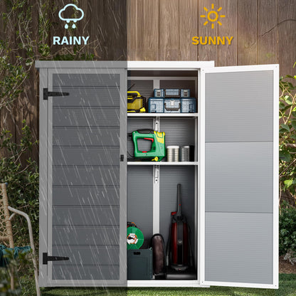 DWVO 50 Cuft Outdoor Tall Storage Shed with 2 Shelves, 4.3x2x5.5ft Vertical Tool Shed with Floor & Lockable Doors, Sturdy Double-Wall Plastic Cabinet for Garbage Cans and Garden Equipment (Gray)