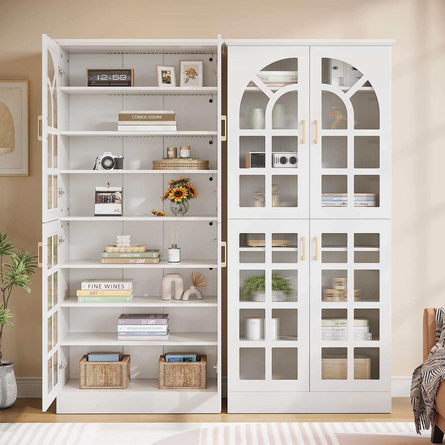 Tribesigns 8-Tier Bookshelf with Doors and LED Lights, 68.9" Tall Bookcase with Adjustable Shelves, Modern Wooden Display Cabinet for Living Room, Home Office, Bedroom, White (1PC)