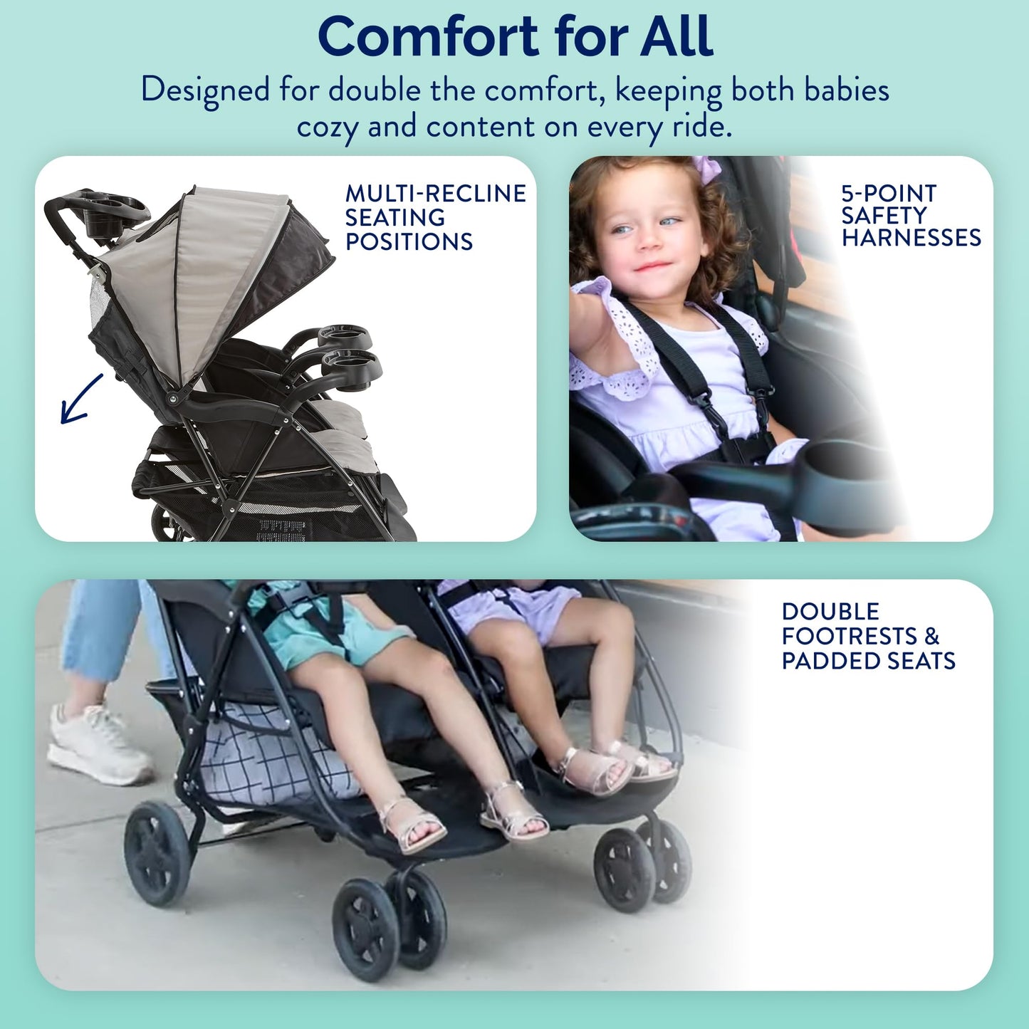 Kolcraft Cloud Plus Lightweight Double Stroller Side-by-Side for Infant Toddler, Compact Folding Travel System with Reclining Seats, Canopies, Storage Basket, Trays, Easy Maneuver - Slate Gray