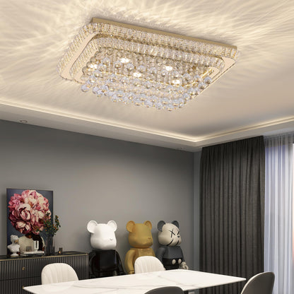 32 inch Crystal Flush Mount Chandelier, Modern Raindrop Crystal Gold Chandeliers with Remote and APP, 3 Colors Temp & Brightness Adjustable, Ceiling Light for Bedroom Hallway DiningRoom Living Room