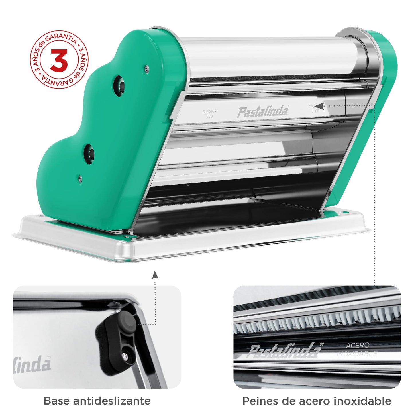 PASTALINDA Classic 260 Pasta Maker Machine, 26 cm Wide Rollers, 9 Thickness Positions, 2 Cutting Positions, Stainless Steel. Includes Reinforced Hand Crank And Two Clamps (Green)