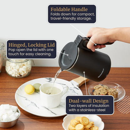 Elite Gourmet Dual Voltage 120-230V, Travel Double Wall Insulated Cool-Touch, 0.6L Electric Kettle Stainless Steel Interior, Hinged-Locking Lid, Auto Shut-Off, Boil Dry Protection, Black