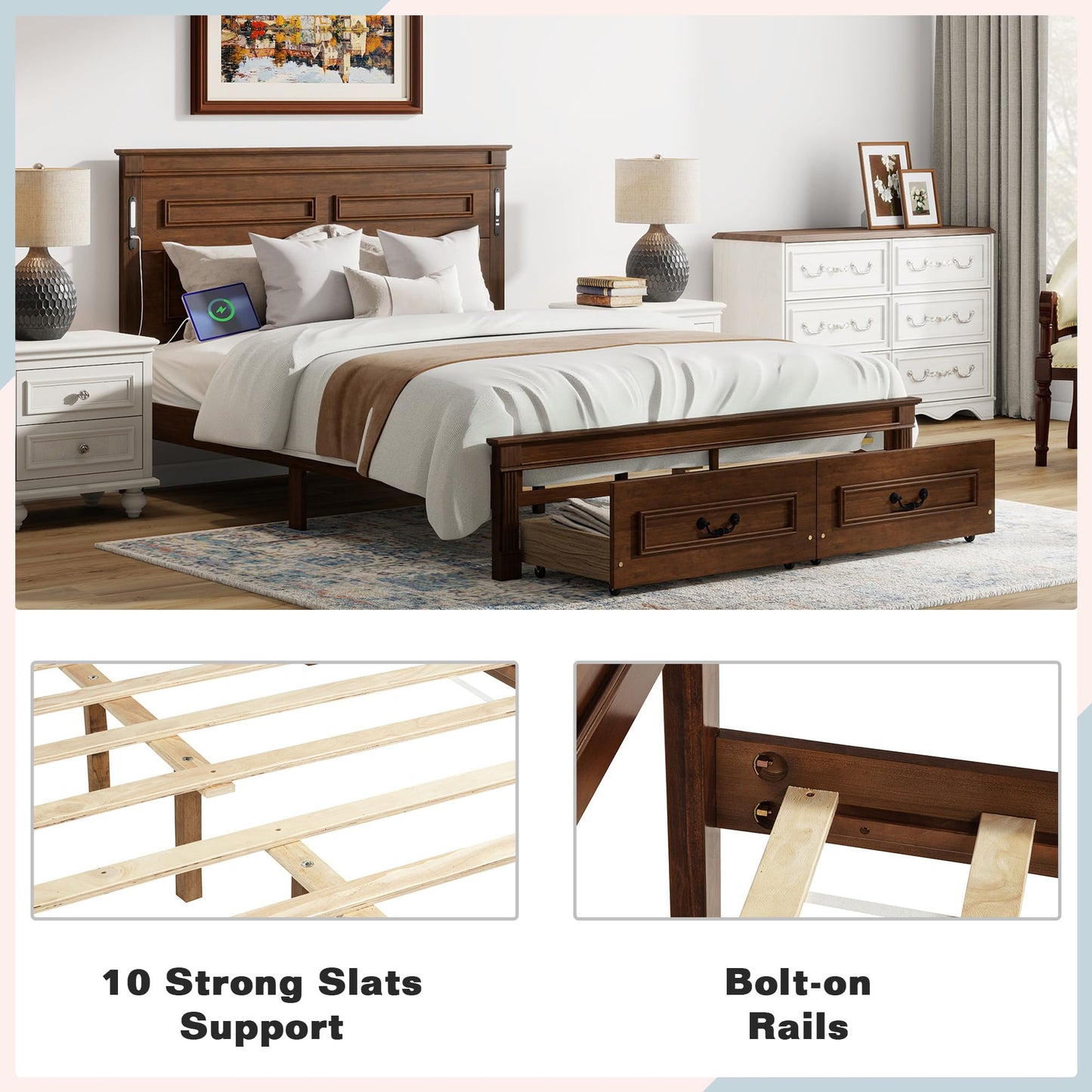 KEIKI Queen Size Farmhouse Bed Frame with 2 Storage Drawers & LED Lights & USB-C Charging Ports, Solid Wood Platform Bed with Tall Panel Headboard & Footboard, No Box Spring Needed, Walnut