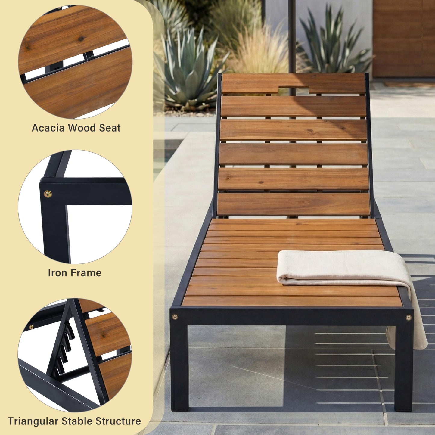 ApilithHive Outdoor Chaise Lounge with 6-Position Adjustable Backrest, Acacia Wood and Steel Frame, 78.7", 400 lbs Capacity, Black+Natural