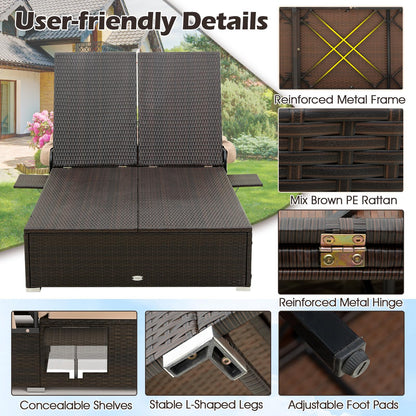 HAPPYGRILL Outdoor Rattan Daybed with Retractable Canopy, 2-Person Lounge Bed with 5-Position Adjustable Backrest, Foldable Side Shelves, Patio Double Sunbed Conversation for Yard Porch
