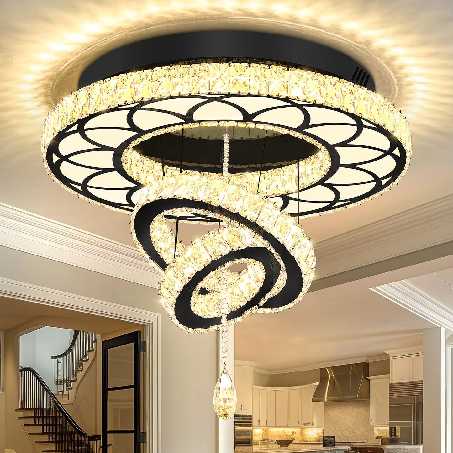 Flashing God Dia 24" Modern Crystal Chandelier for Dining Room Black Ceiling Chandelier Flush Mount Ceiling Light for Living Room Bedroom Hallway